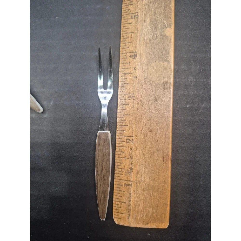 Vintage Action Industries 12 Cocktail Forks Stainless Woodgrain Japan 5202